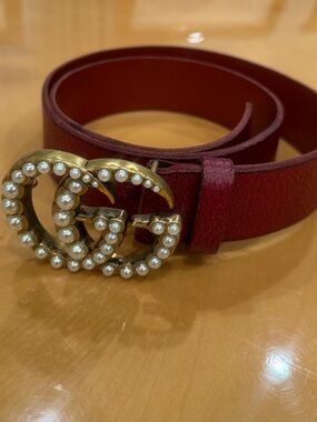 Gucci Red Leather Belt with Pearl-Trimmed Gold GG Buckle
